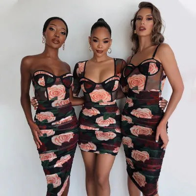 Women's Summer Pleated Print Square Neck Long Sleeve Slim Dress