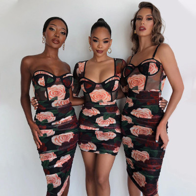 Women's Summer Pleated Print Square Neck Long Sleeve Slim Dress