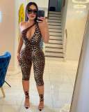 Women's Summer Fashion Cutout One Shoulder Leopard Print Jumpsuit