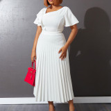 Plus Size Women Ruffle Short Sleeve Sloping Shoulder Elegant Pleated Dress