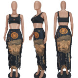 Women's Fashion Sexy Printed Fringe Two Piece Skirt Set