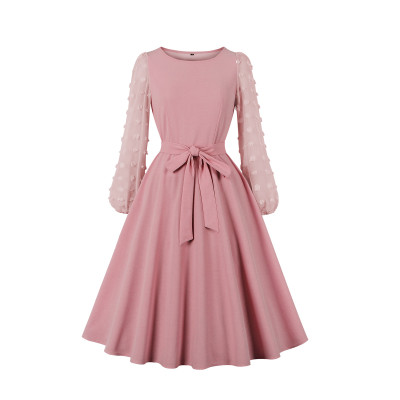 Women Vintage Solid With Belt Elegant Long-Sleeve Dress