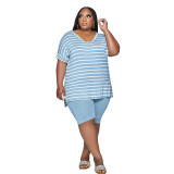 Summer Plus Size Women's Tops Small Split Cotton Fashion Striped Two-Piece Set