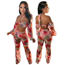 Women's Sexy Sheer Print Halter Off Shoulder Straight Pants Two Piece Set Women's Clothing