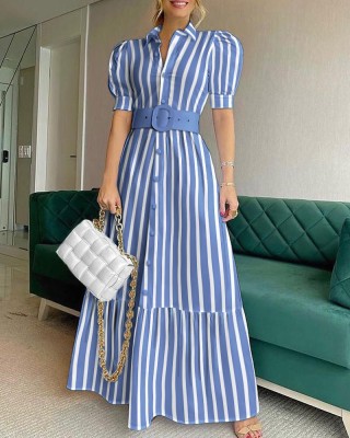 Summer High Waist Chic Solid Midi Dress Slim Fit Dress with Belt