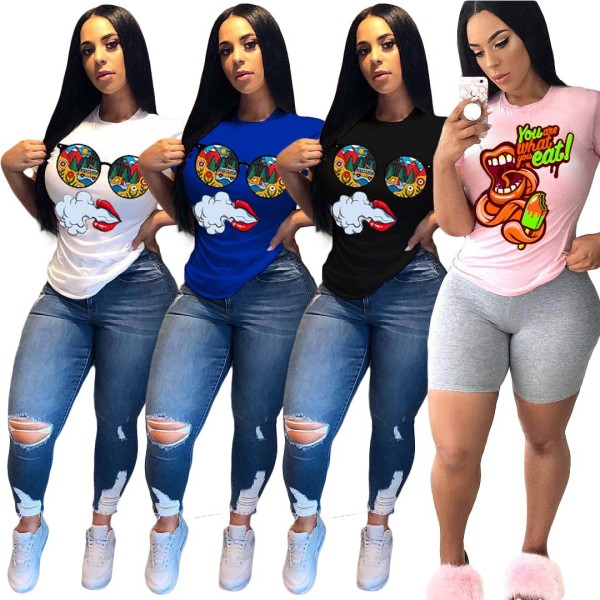 Women's Home Cartoon Positioning Print Casual Cropped Top T-Shirt Women