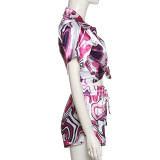 Summer Women's Fashion Print Cardigan Short Sleeve Top High Waist Bodycon Straight Shorts Set