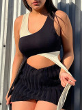 Summer Solid One-Shoulder Sleeveless Cropped Fringed Vest T-Shirt Top