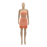 Women's Fashion Fringe Strapless + Short Skirt Solid Color Two-piece Set