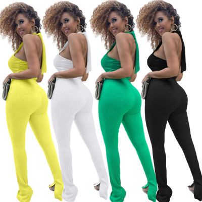 Women's Nightclub Sexy Solid Color Low Back Slit Jumpsuit