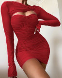 Women Sexy Mesh Hollow See Through Pleated Long-Sleeved Bodycon Skirt