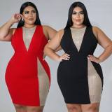 Plus Plus Size Women's Mesh Beaded Patchwork Deep V Sleeveless Stretch Bodycon