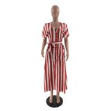 Women Striped Print V-Neck Shirt Dress