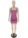 Women's Fashion Solid Color U-Neck straps Dress Short Skirt