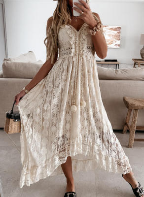 Summer lace suspenders large swing solid color long dress