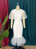Mesh beaded Patchwork puff sleeve Ruffled Mermaid dress white bridesmaid dress female dress