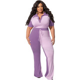 Plus Size Women Colorbloc Ribbed Turndown Collar Top And Pant Two Piece Set
