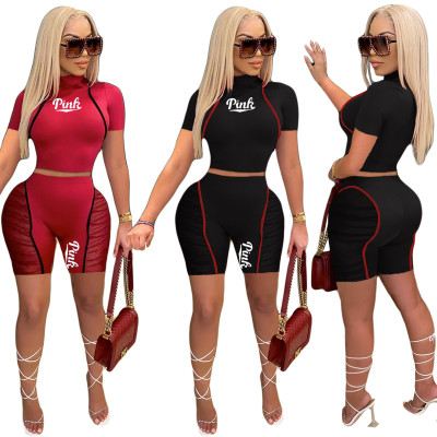 Women's Short Sleeve Tracksuit polyester Patchwork See-Through Letter Print Casual Set
