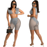 Women Sexy Mesh Summer Top And Shorts Two Piece Set