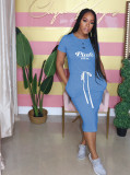 Elastic Waist Short Sleeve Solid Color Printed T-Shirt Midi Casual Dress