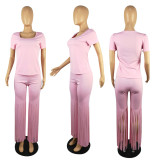 Summer women's short-sleeved square-neck tops, combed trousers, solid color two-piece set