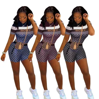 Women Letter Print Plaid Top And Pants With Zip Pockets Two Piece