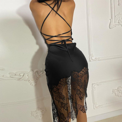Sexy Patchwork Lace Dress Spring Tie Backless Chic Dress