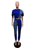 Women Fashion Solid Contrast With Denim Top And Pant Two Piece Set