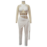 Women Sexy See-Through Halter Neck Solid Sleeveless Top +Pants Two-Piece Set