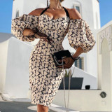 Women Sexy Printed Off Shoulder Midi Dress