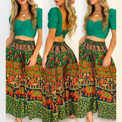 Women's Puff Sleeve Top + Ethnic Print Wide Leg Pants (Positioning)