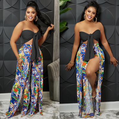 Fashion Strapless Low Back Printed Slit Trousers Two Piece Pants Set