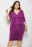 Plus Size Women Deep V Neck Solid Pleated Bodycon Dress