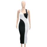 Women's Cutout Sexy Sling Black and White Contrast Print Chic Dress