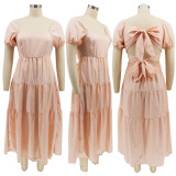 Women Summer Lace-Up Short Sleeve With Backside Bow Knot Midi Dress
