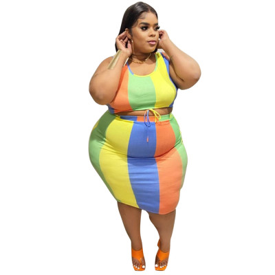 Plus Size Women's Sleeveless Multi-Color Print Trend Chic Plus Size Two Piece Skirt Set