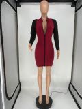 Womens Sexy Patchwork Contrast Bodycon Dress Long Sleeve