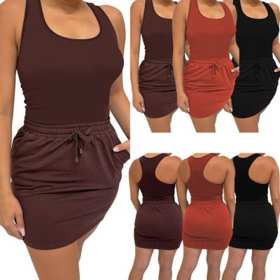 Sexy Solid Color Tank Top Drawstring Skirt Casual two Piece Set