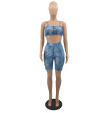 Women's Summer Pleated Folding Crop Two Piece Midi Shorts Set