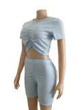 Women Pleated Crop Top And Shorts Sexy Solid Two Piece Set