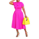 Women's Fashion Solid color Tie Short Sleeve Career Midi Dress