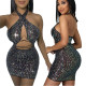 Women Sexy Backless Sequin Halter Bodycon Dress