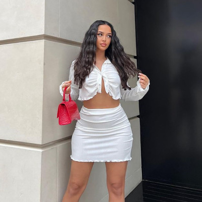 Women sexy Ribbed long sleeve crop top and mini dress two piece set