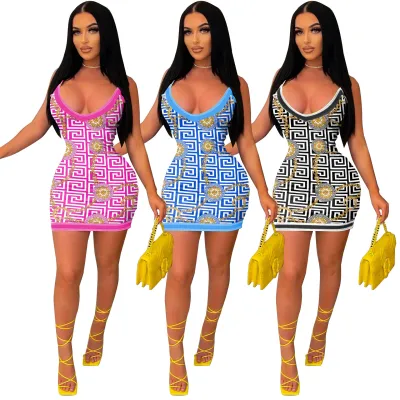 Ladies Fashion Sexy Straps Bodycon Dress Chain Print Dress
