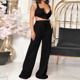 Summer Women Solid sexy crop top and loose wide leg pants two-piece set