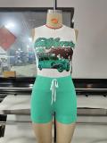 Sports Women's Car Print Sleeveless T-Shirt Tight Fitting Shorts Two Piece Set