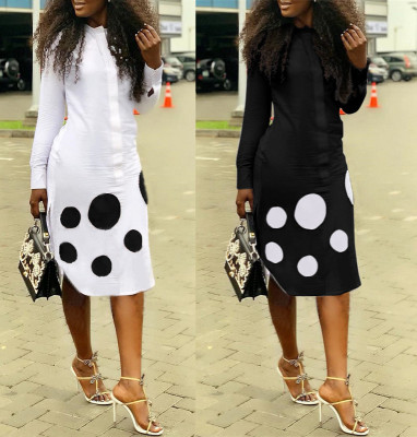 Digital Positioning Print Long Sleeve Polka Dot Dress