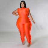 Sexy sleeveless solid color ruffle edge plus size jumpsuit sub