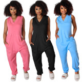 Women's Sleeveless V-Neck Loose Pocket Jumpsuit