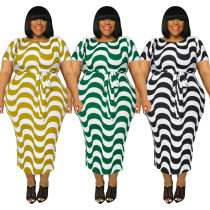 Plus Size Women Striped Print With Belt Long Dress